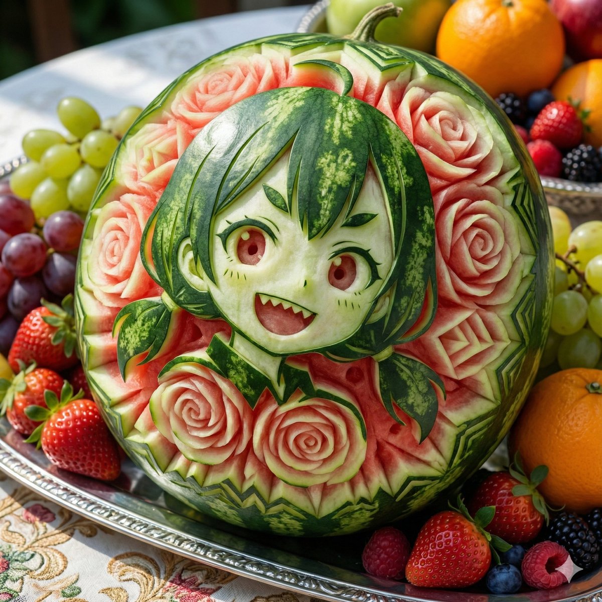 Photorealistic Watermelon Fruit Carving Prompt AI image template preview
