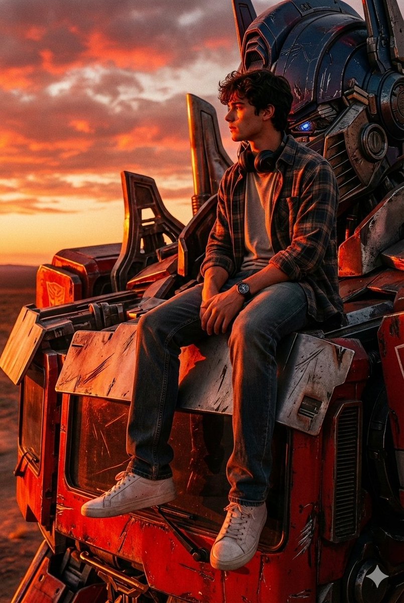 Colossal Optimus Prime and Human Cinematic Photo Prompt AI image template preview