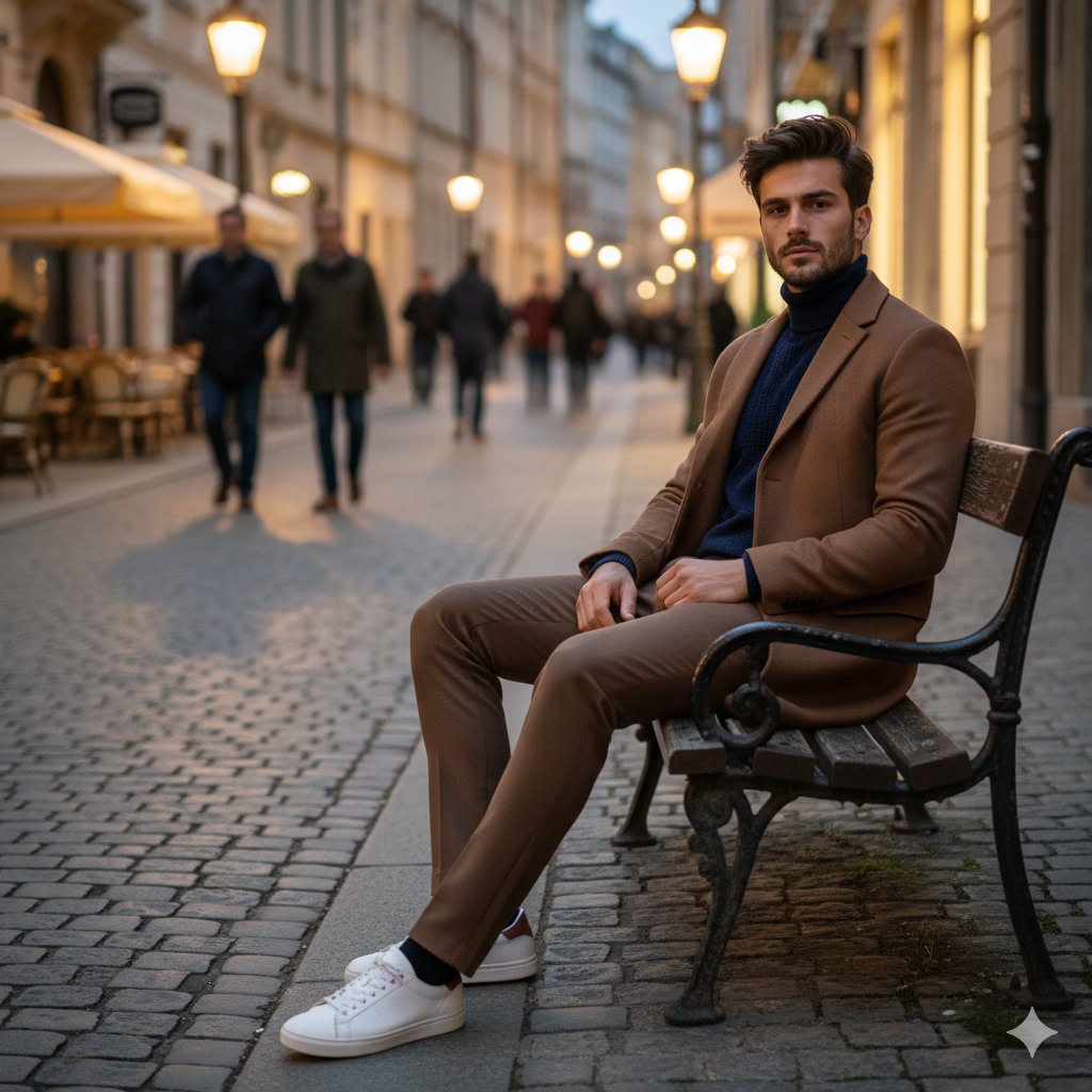 Stylish Man on European Cobblestone Street Prompt AI image template preview