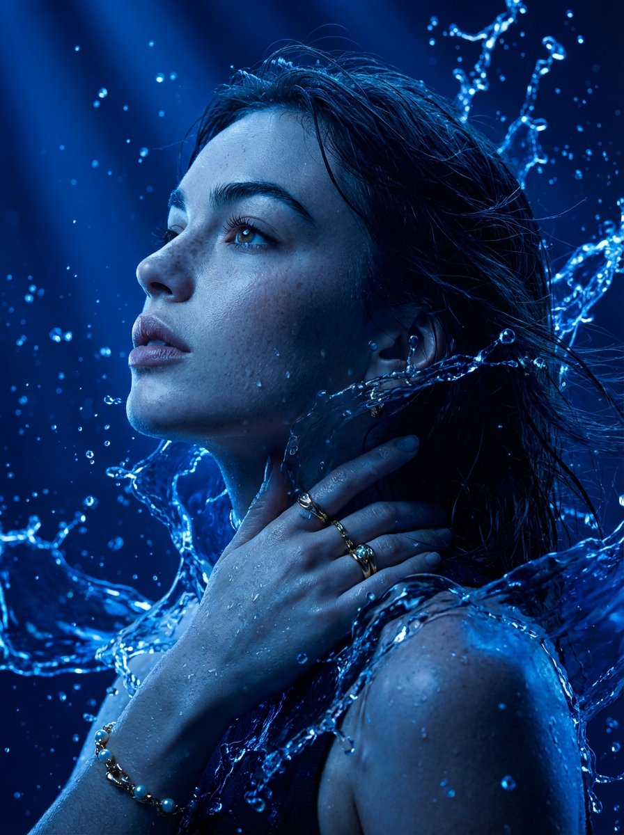 Cinematic Portrait Drenched in Electric Blue Water Splashes AI image template preview