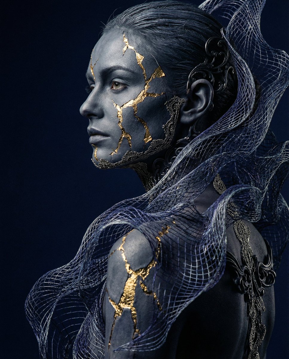 Avant-garde Conceptual Photography: Bio-Digital Kintsugi Portrait AI image template preview