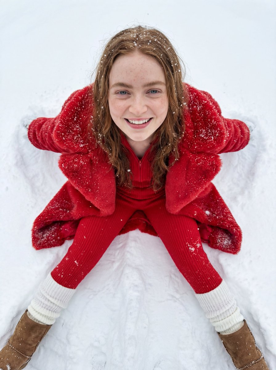 Sadie Sink Macro-Portrait in Snow JSON Prompt AI image template preview