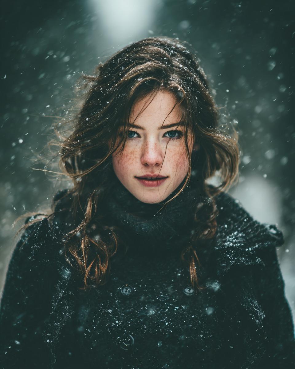 Cinematic Winter Portrait with Snowfall AI image template preview