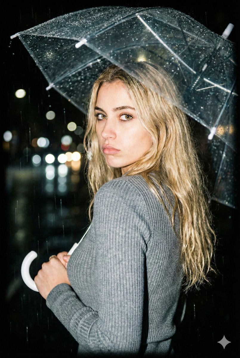 Nighttime Rainy Umbrella Portrait Prompt AI image template preview