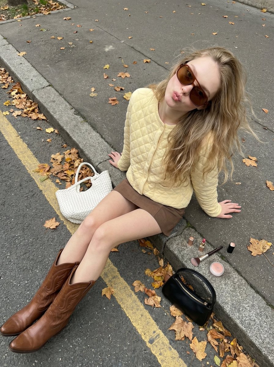High-Angle Street Style Photo with Makeup Items AI image template preview