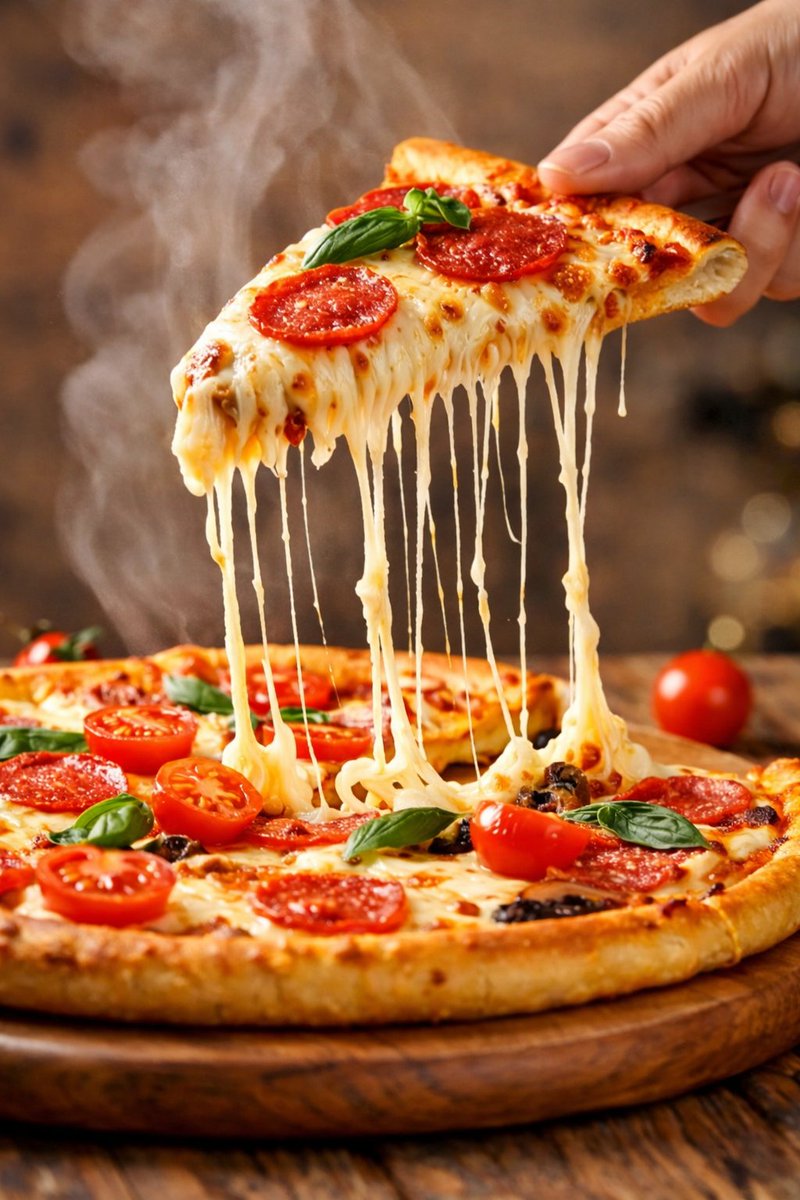Hyper-realistic close-up of a pepperoni pizza slice with dramatic cheese pull AI image template preview