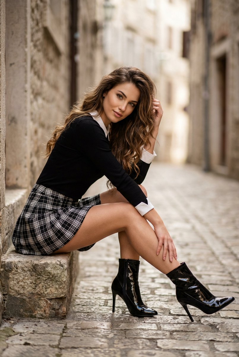 High-Fashion Preppy Look in Cobblestone Alley AI image template preview