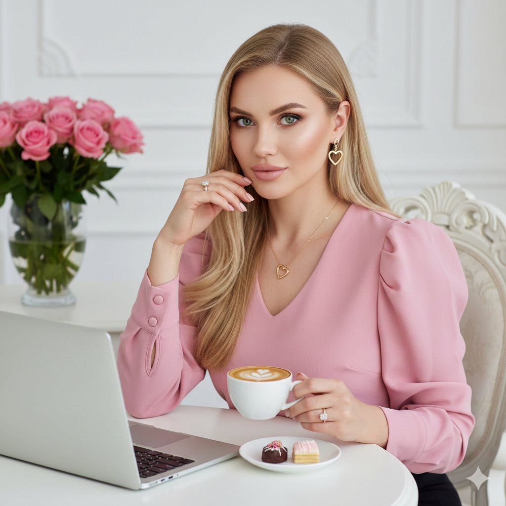 Elegant Professional Portrait with Coffee and Roses Prompt AI image template preview