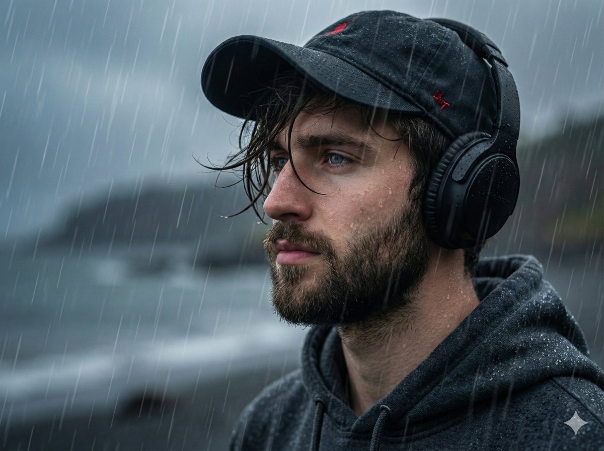 Melancholic Portrait in Coastal Rain AI image template preview