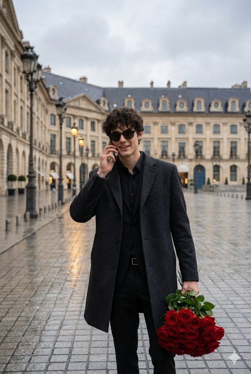 Cinematic Scene of a Man with Roses on a Wet City Street AI image template preview