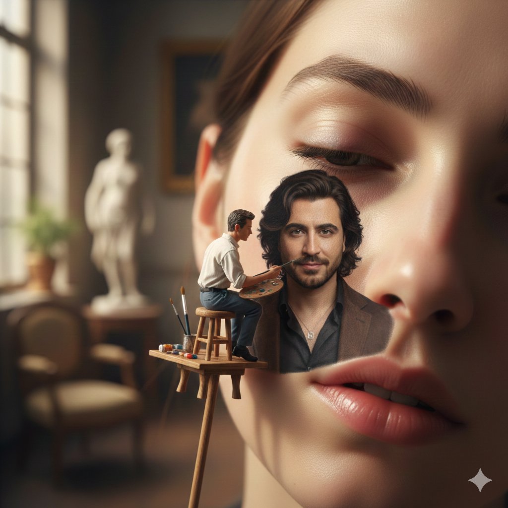 Miniature Artist Painting on a Giant Face Prompt AI image template preview