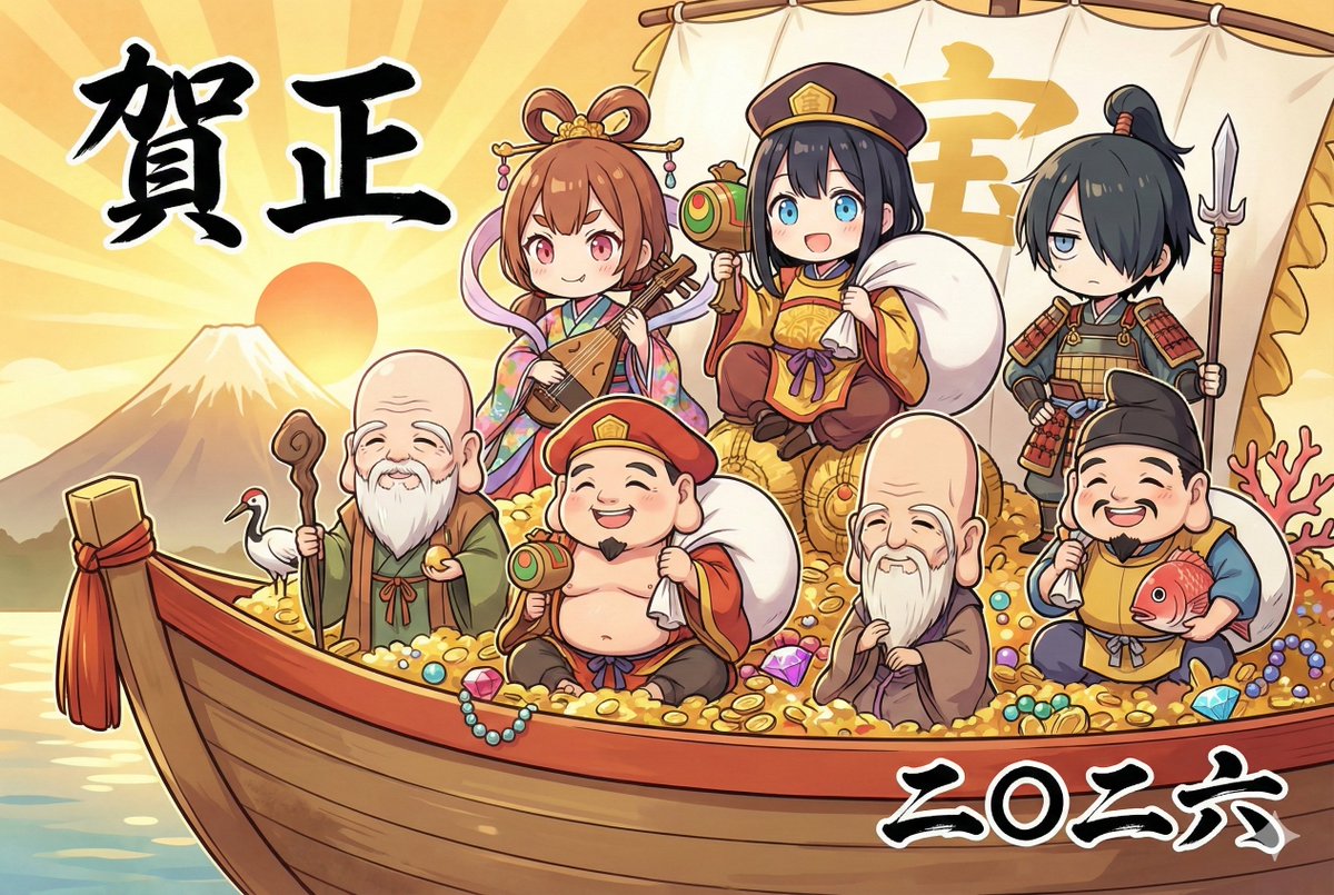 New Year's Card Illustration with Seven Lucky Gods Costume Swap example 2