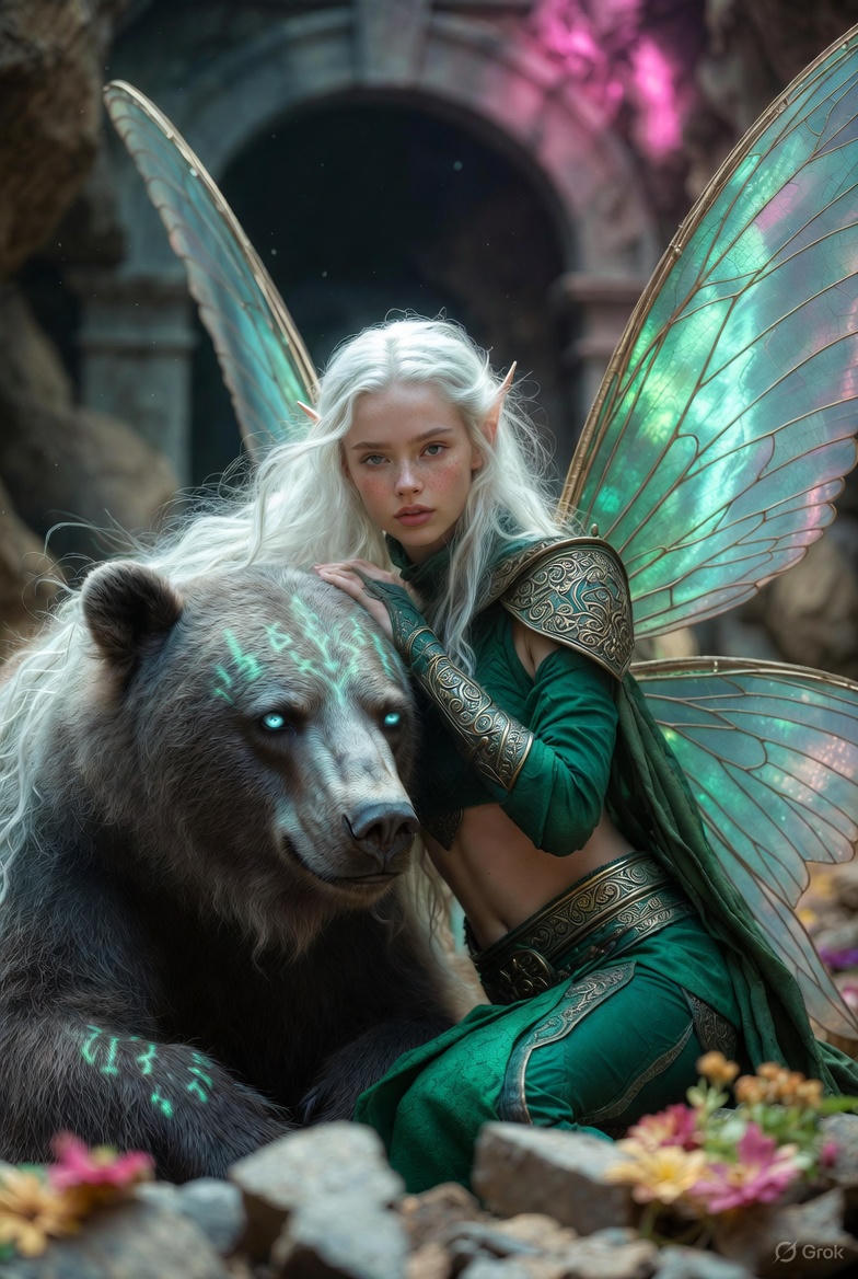 Photorealistic Fantasy Scene: Fairy and Muscular Bear in Cavern AI image template preview