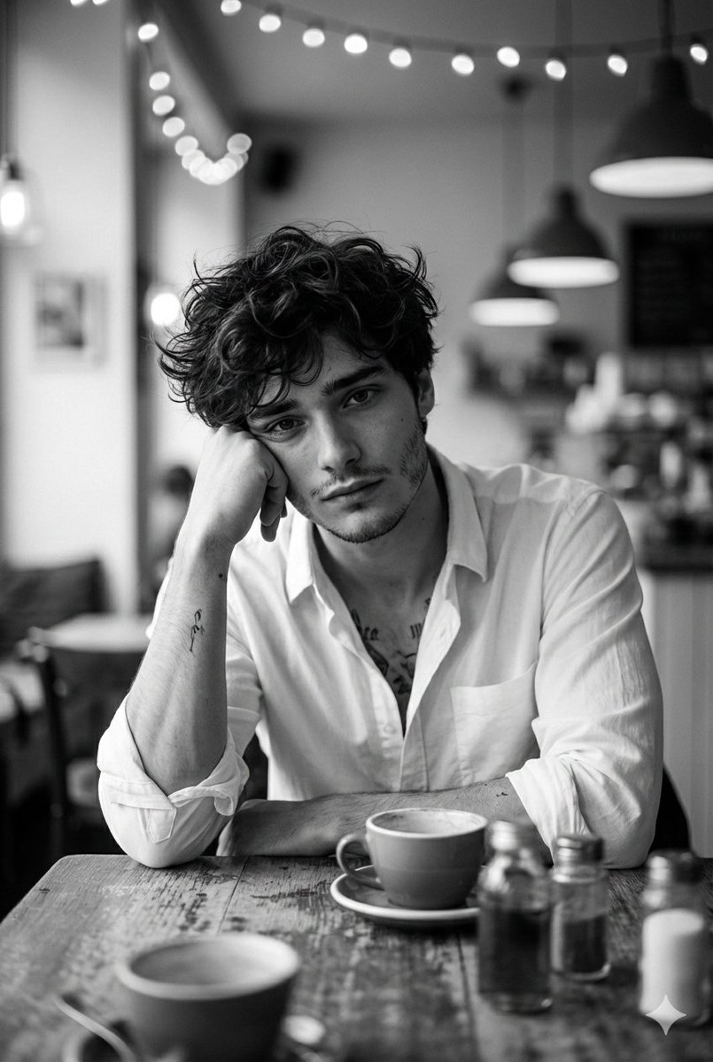 Hyper-Realistic Monochrome Cinematic Café Portrait AI image template preview