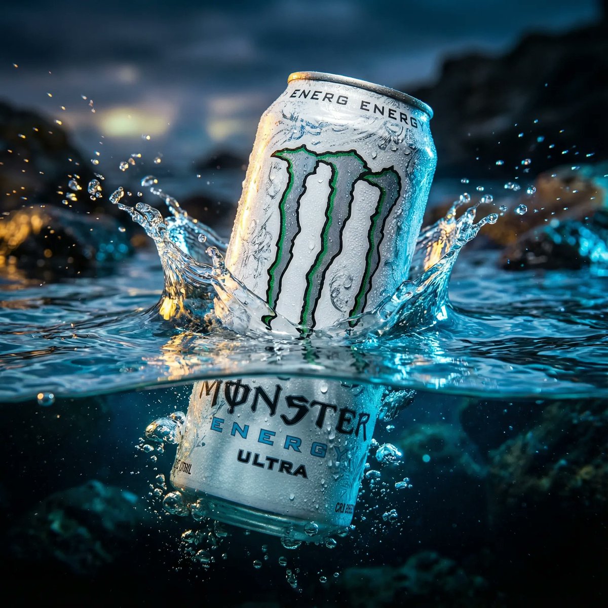 Product Ad: White Monster Energy Can Submerged in Water AI image template preview