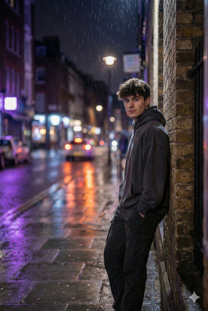 Photorealistic Urban Night Portrait of a British Man AI image template preview