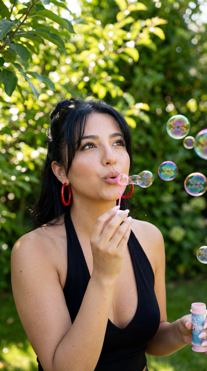 Photorealistic Candid Bubble Blowing Portrait AI image template preview