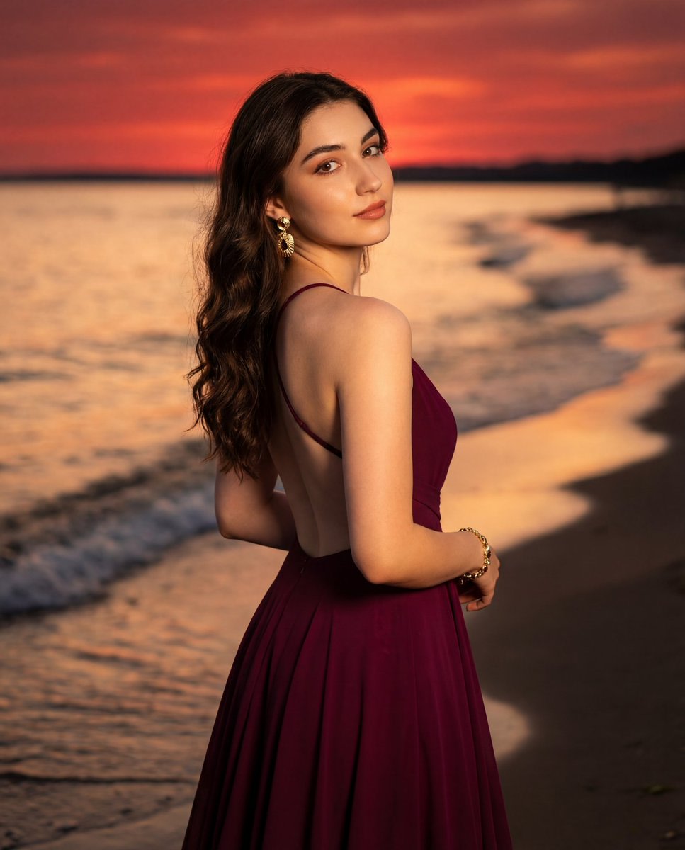 Photorealistic Portrait of a Woman in an Evening Dress at Sunset Beach AI image template preview