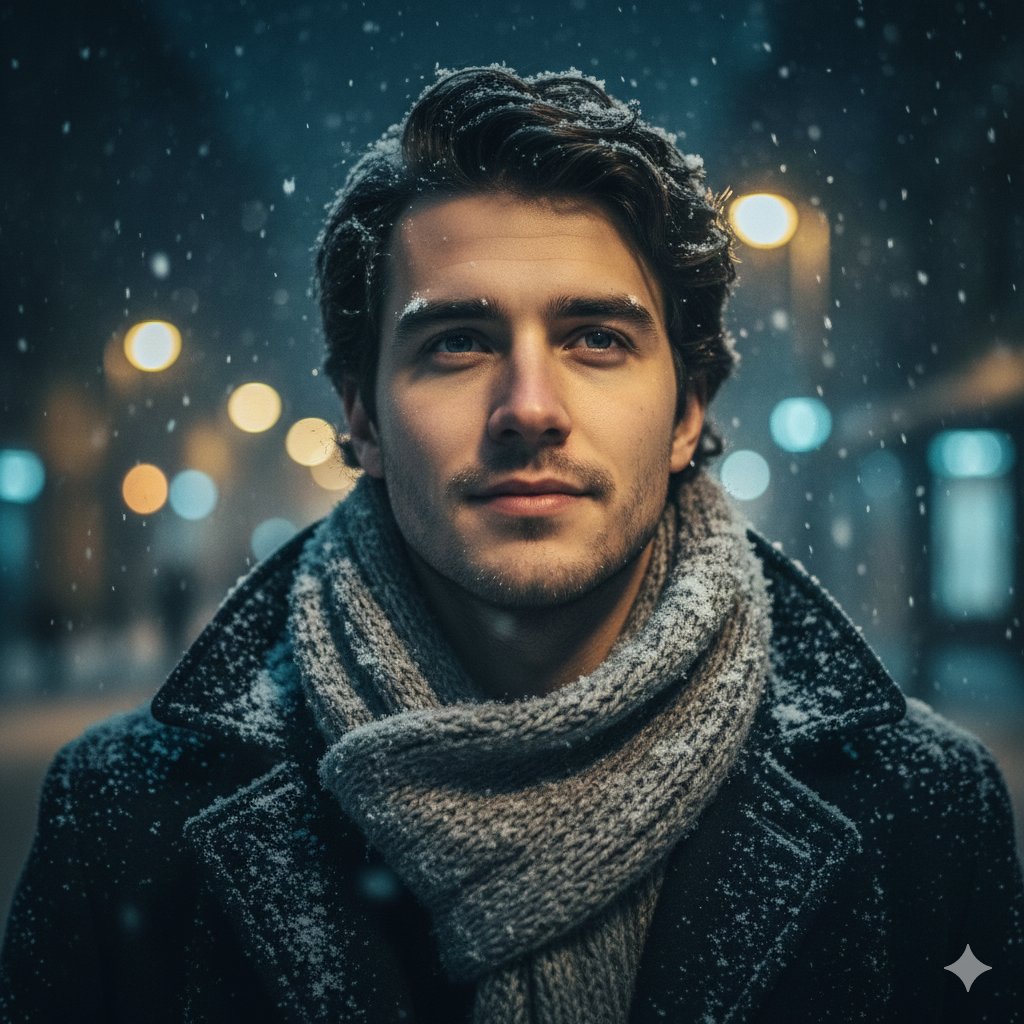 Cinematic Urban Winter Night Portrait AI image template preview