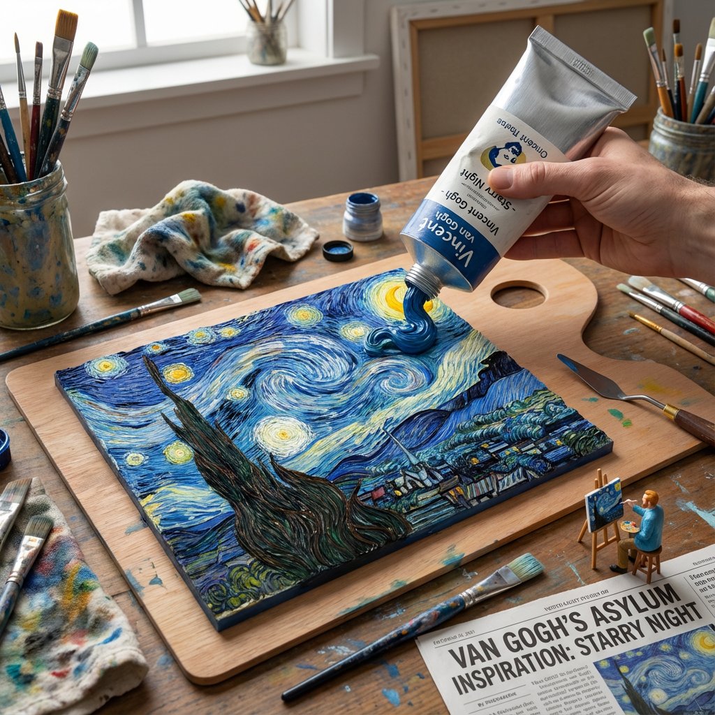 Paint Tube Squeeze: Starry Night in 3D Relief AI image template preview