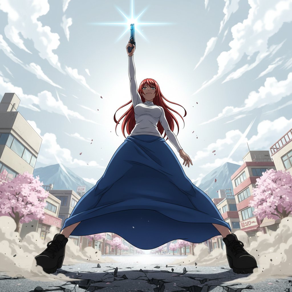 Nano Banana Prompt for Heroic Low-Angle Pose with Beam Weapon AI image template preview
