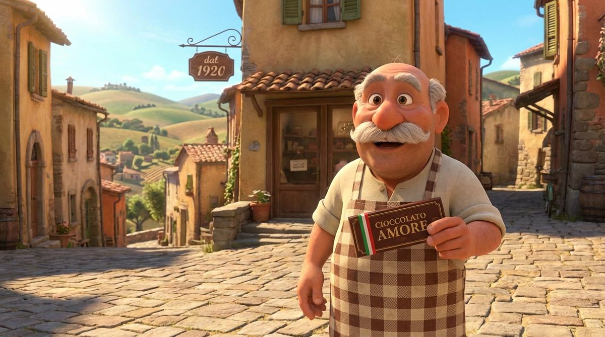 Pixar Style Italian Man in Front of Chocolate Shop AI image template preview