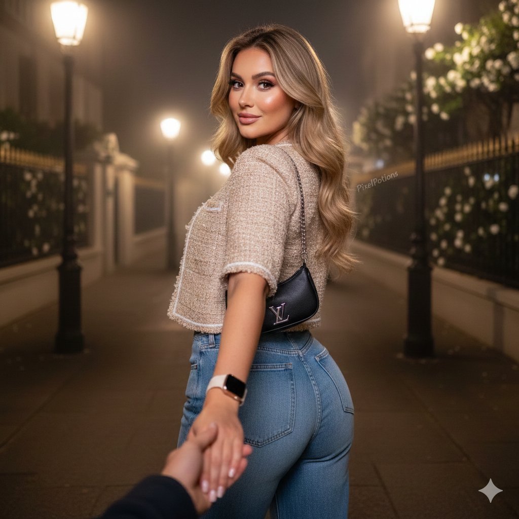 Hyper-realistic Fashion Editorial Portrait: Night Walk AI image template preview
