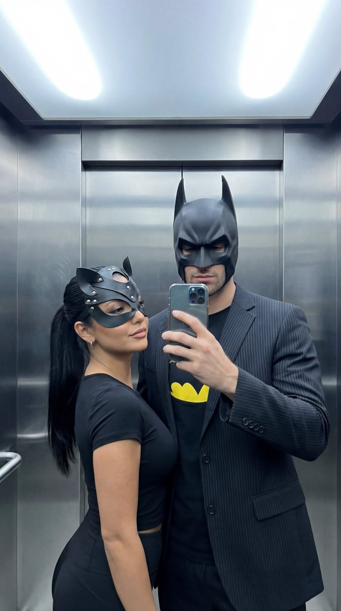 Cinematic Mirror Selfie: Batman and Catwoman Cosplay AI image template preview