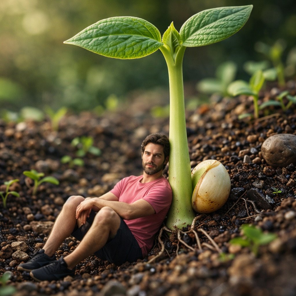 Surreal Macro-Fantasy: Tiny Man and Giant Bean Sprout example 2