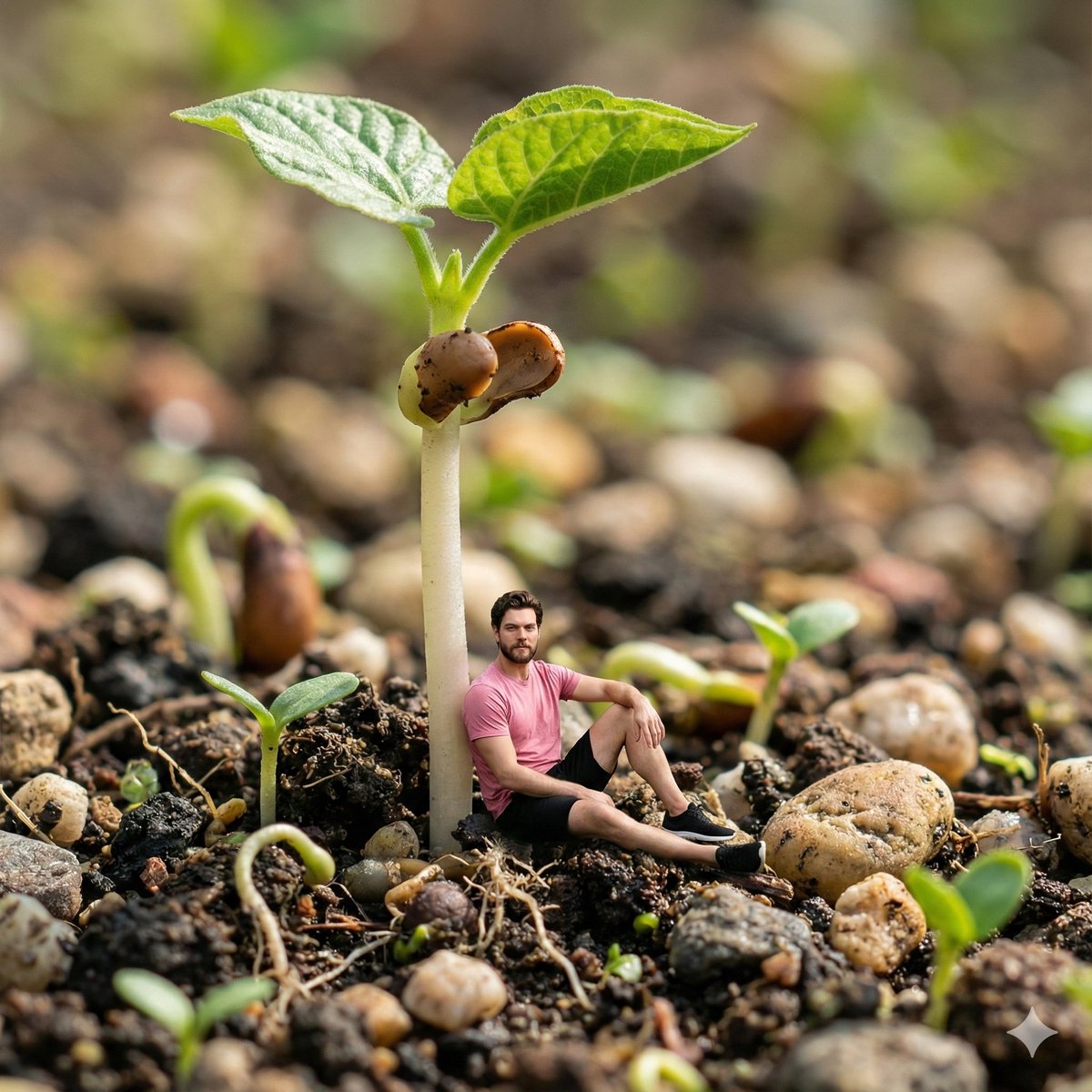 Surreal Macro-Fantasy: Tiny Man and Giant Bean Sprout AI image template preview