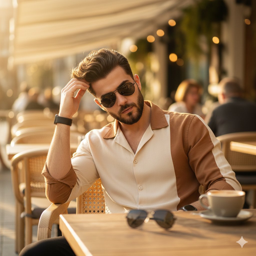 Ultra-Realistic 8K Lifestyle Portrait at Modern Café AI image template preview