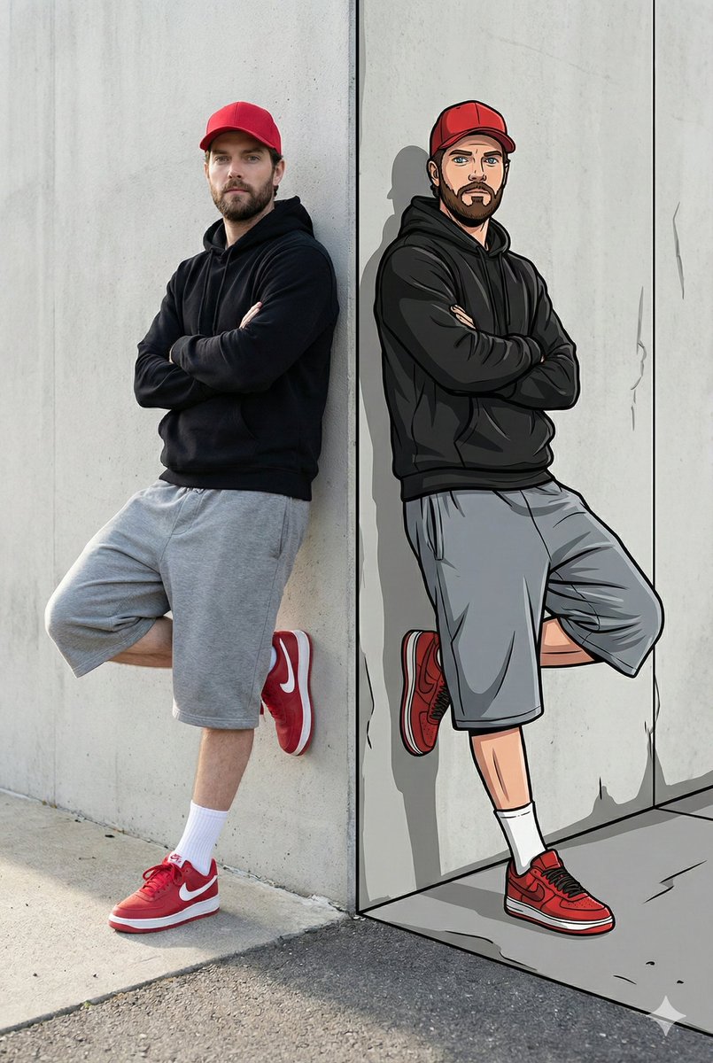 Split-Reality Street Art Portrait with Identity Lock AI image template preview