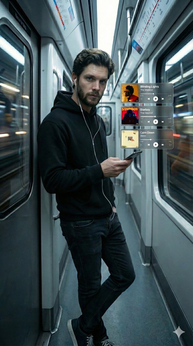 Cinematic Subway Portrait with Holographic Music UI AI image template preview