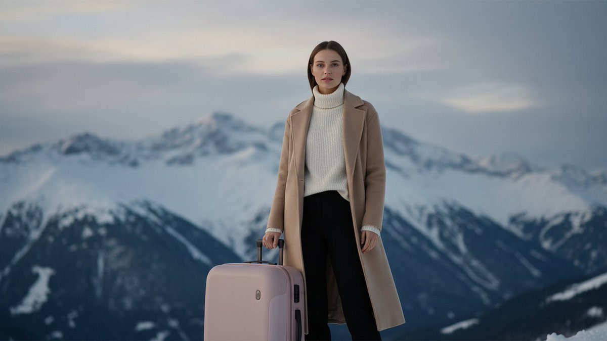 Cinematic Editorial in Snowy Mountains AI image template preview