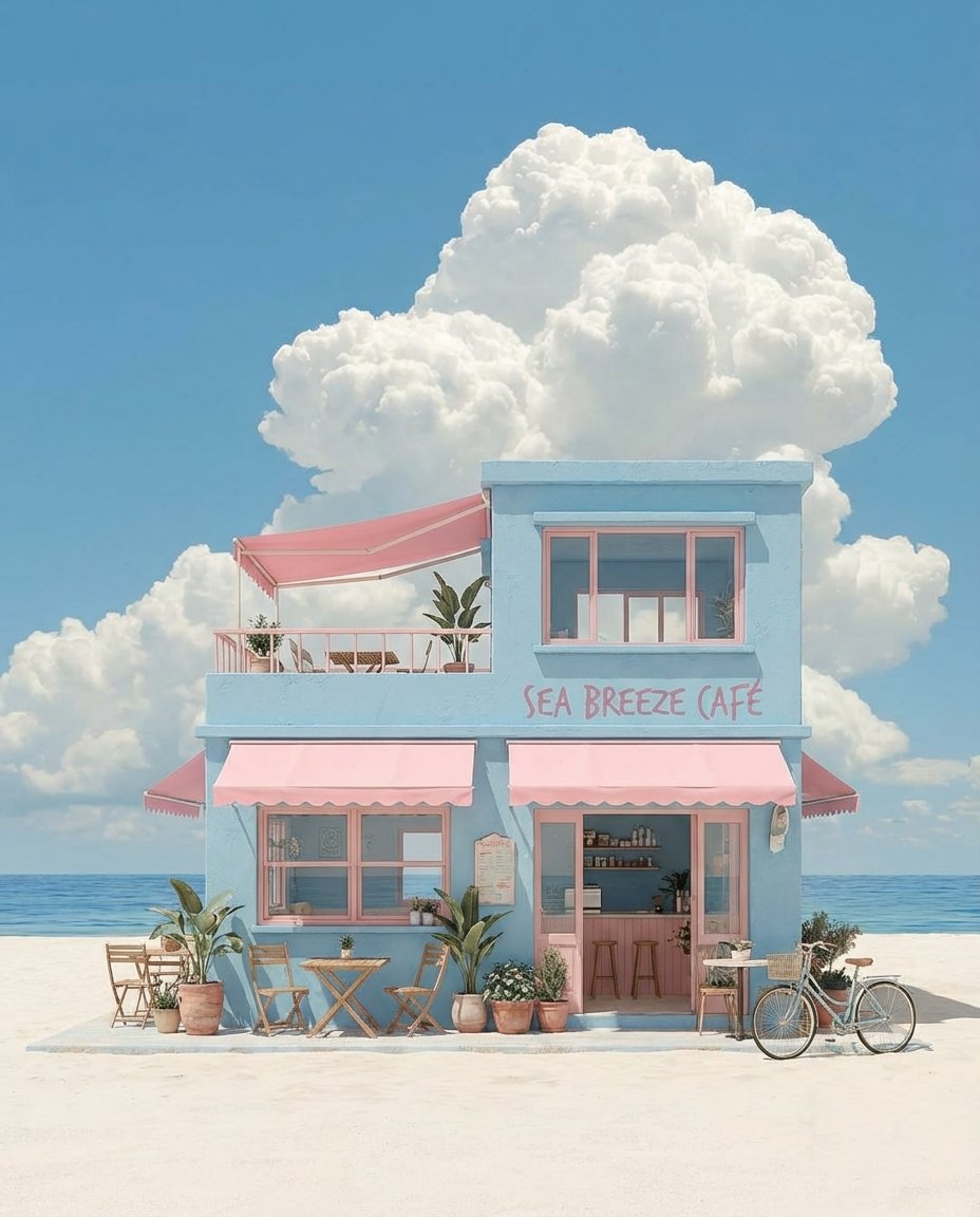 Pastel Coastal Building with Dramatic Cumulus Cloud Prompt AI image template preview