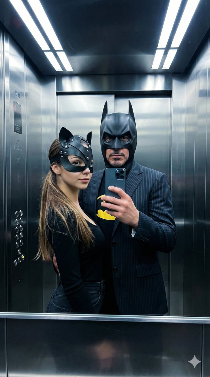 Cinematic Bat/Cat Couple Mirror Selfie with Identity Lock AI image template preview