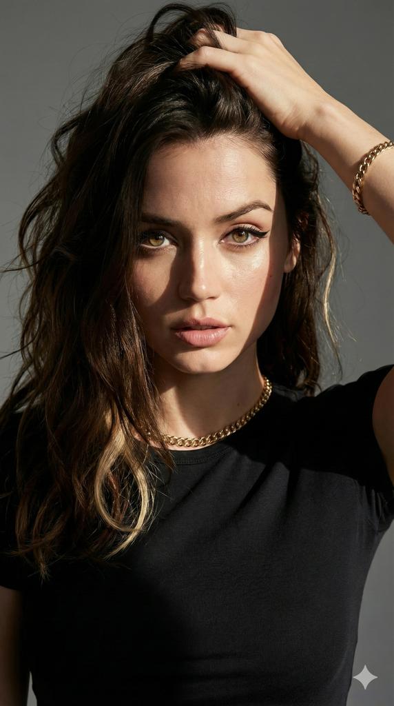 Hyper-realistic fashion portrait prompt for Ana de Armas style image generation AI image template preview