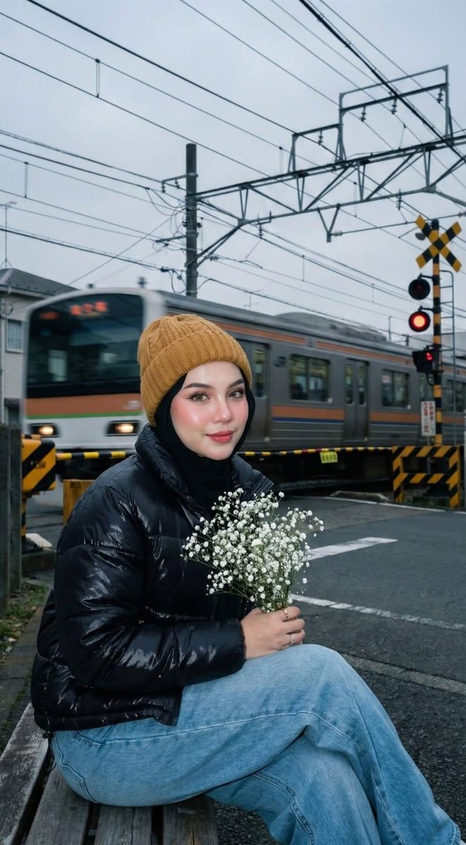 Moody Japanese Railway Crossing Portrait AI image template preview