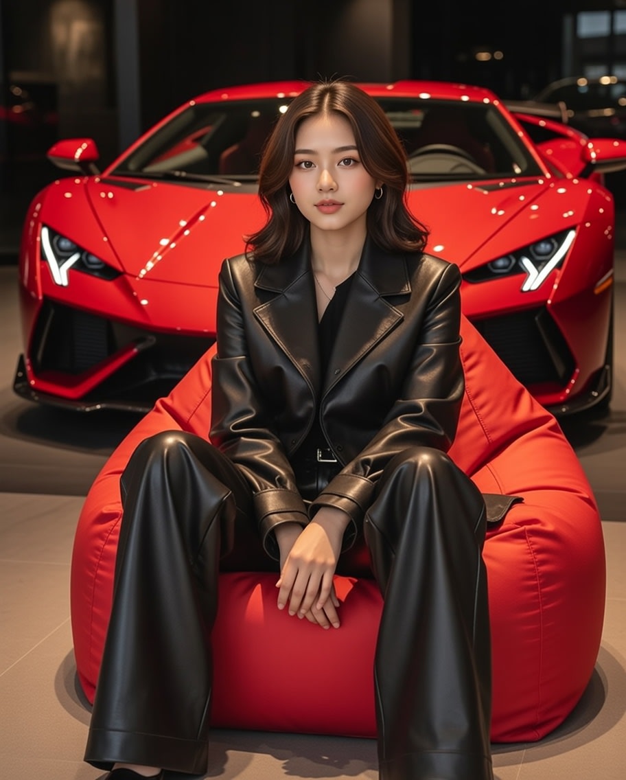 Luxury Showroom Scene with Red Supercar and All-Black Outfit AI image template preview