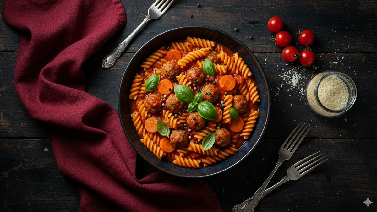 Refined Dining Scene with Fusilli and Meatballs AI image template preview