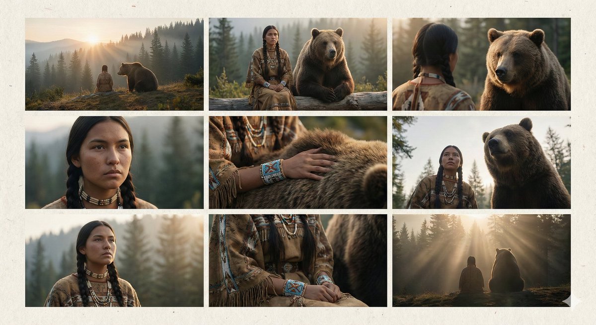 Cinematic Storyboard of Woman and Bear in Forest AI image template preview