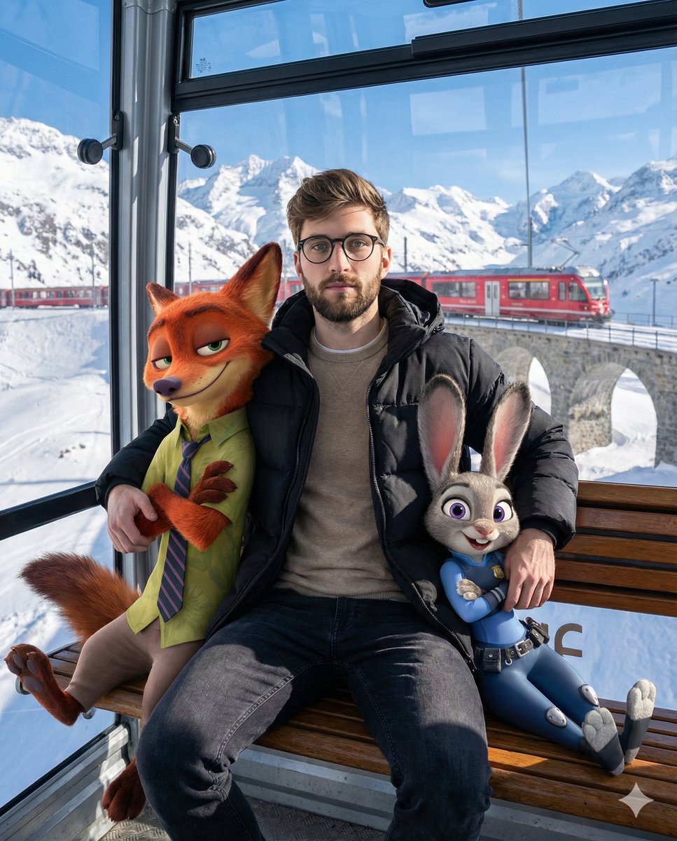 Cozy Winter Cable Car Scene with Zootopia Characters AI image template preview