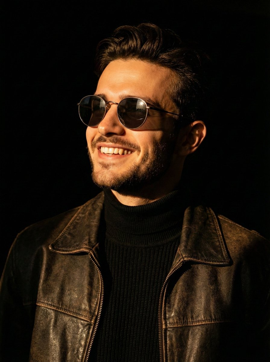 Portrait photo prompt for a man with dramatic side-lighting and specific clothing details AI image template preview