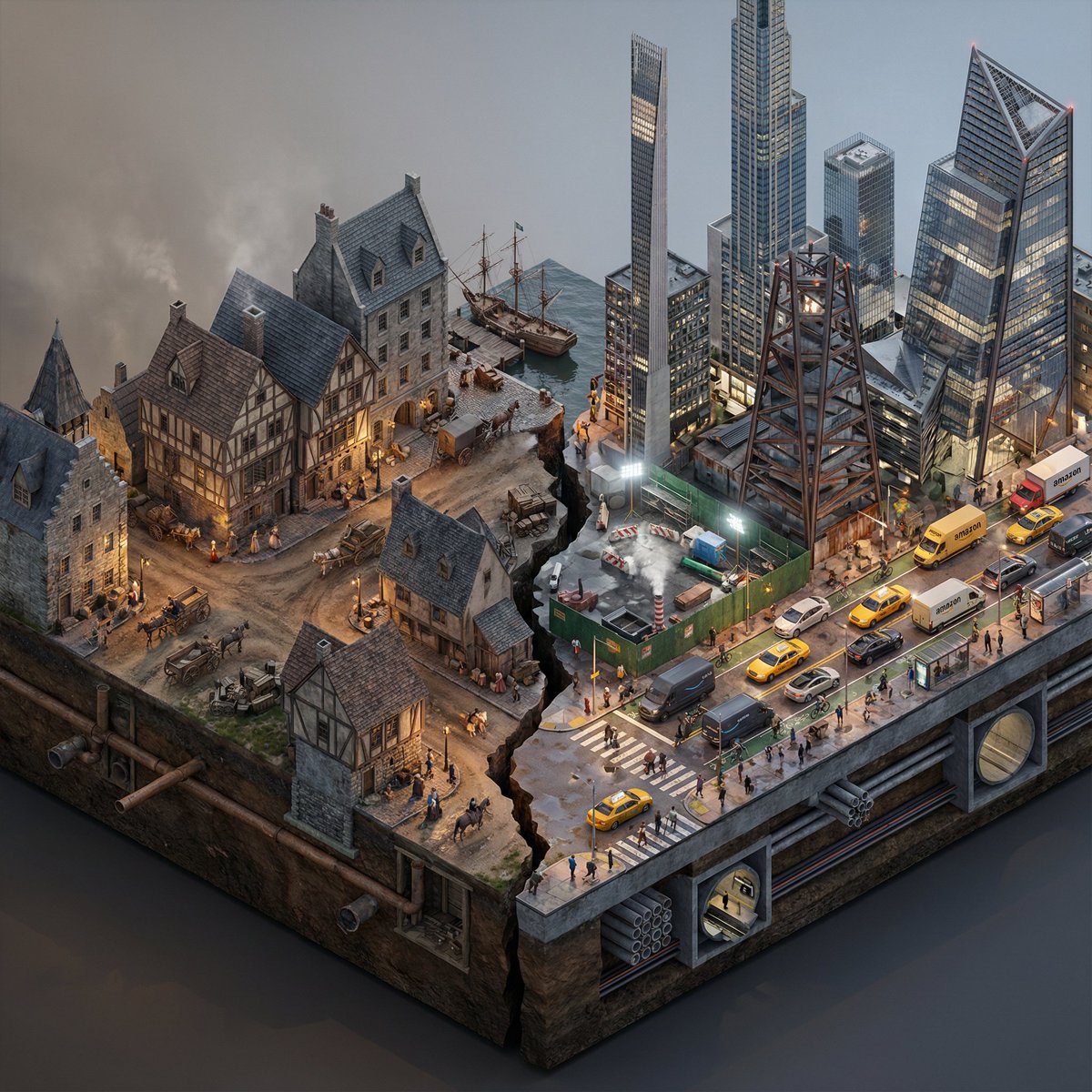 Split-Era Urban Diorama Generation Prompt for Nano Banana Pro AI image template preview