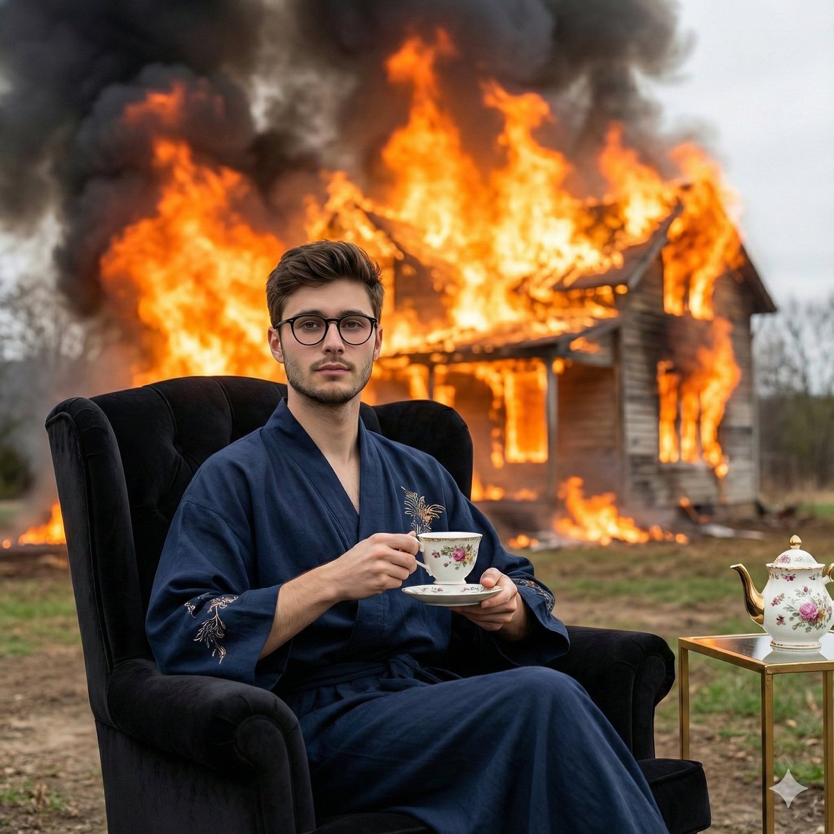 Documentary-Style Photo of Man in Robe with Burning Farmhouse AI image template preview