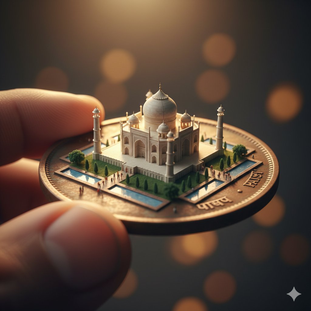 Macro Realism: Miniature Taj Mahal on a Vintage Indian Coin AI image template preview