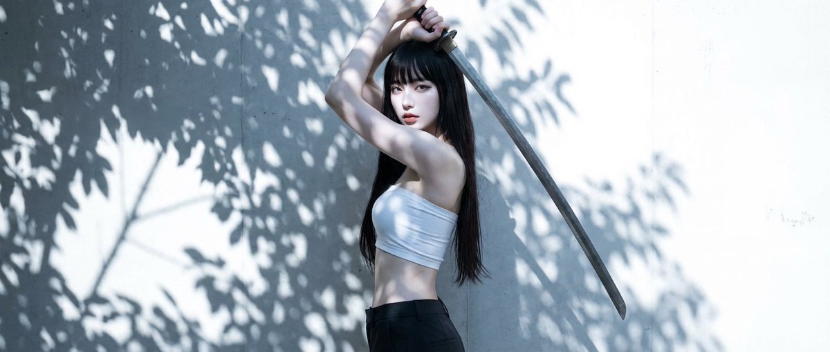 High-Contrast Japanese Beauty Portrait with Katana Pose AI image template preview