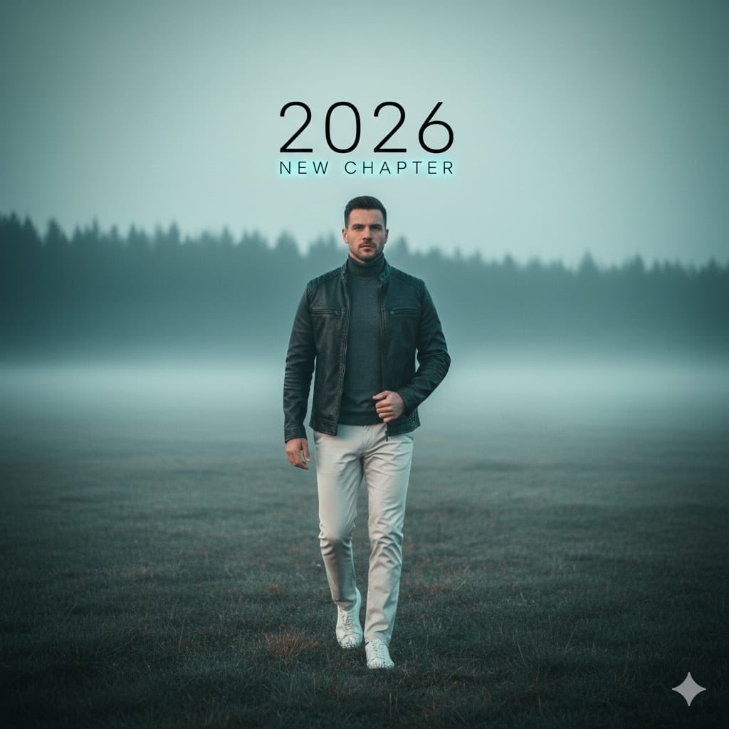 Cinematic Portrait: Man Walking in Foggy Meadow with Typography AI image template preview