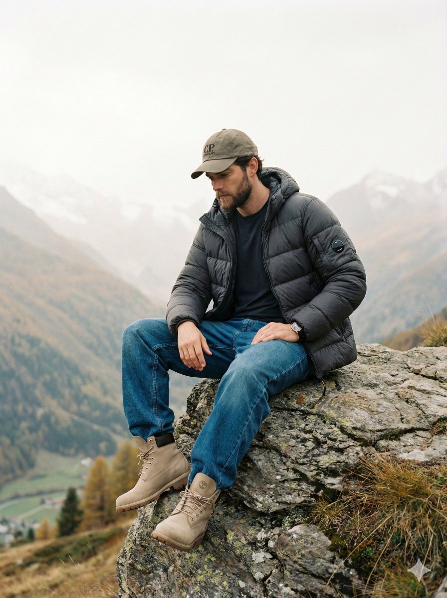 Cinematic Fashion Editorial Image Prompt for Male Subject in Swiss Alps AI image template preview