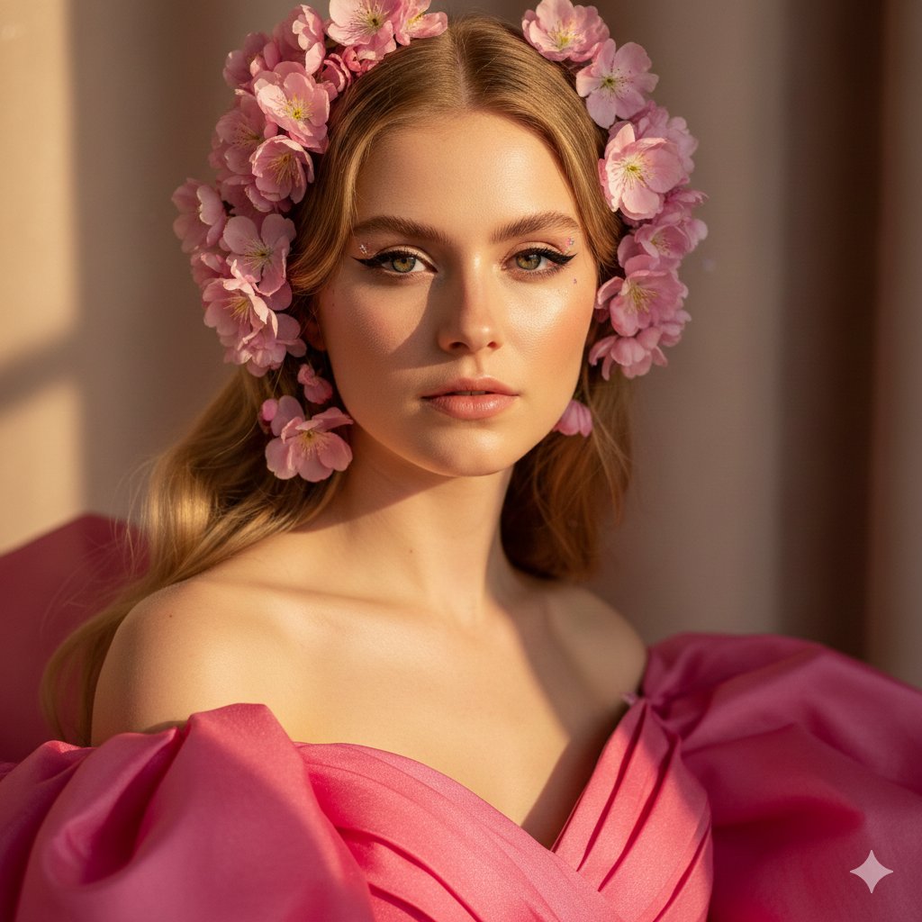 Cinematic Pink Blossom Couture Portrait AI image template preview